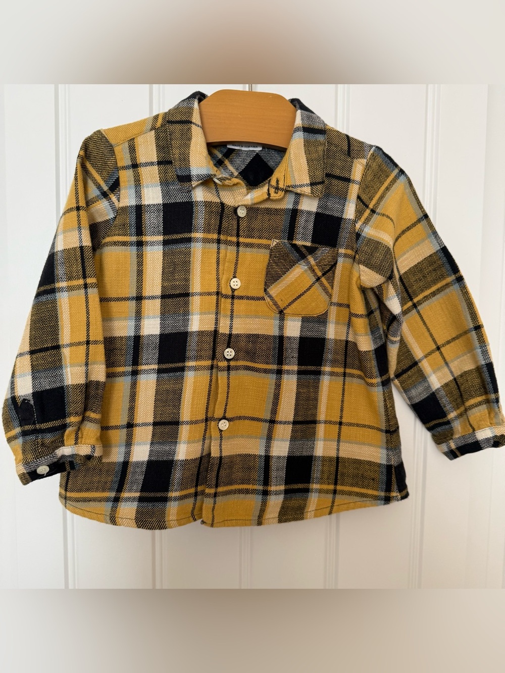 Bonpoint Baby Plaid Flannel Shirt 18M | Mustard Yellow Black White